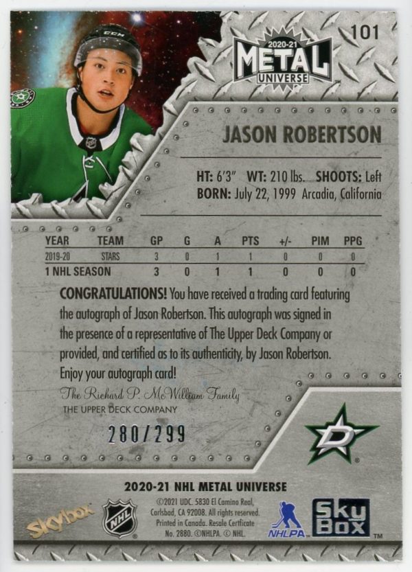 Jason Robertson 2020-21 UD Metal Universe Rookie Autograph /299 #101