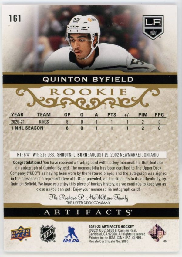 Quinton Byfield 2021-22 UD Artifacts RPA Bronze /99 #161