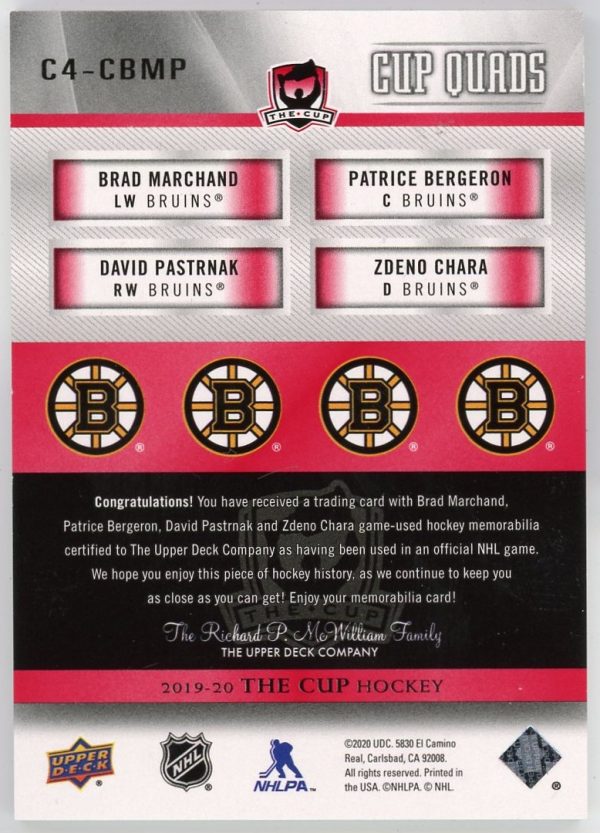 Marchand, Bergeron, Pastrnak, Chara 2019-20 UD The Cup Quad Laundry Tag /2 #C4-CBMP