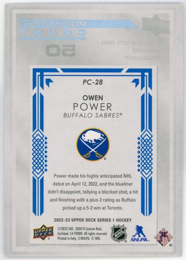 Owen Power 2022-23 Upper Deck Series 1 Blue Sapphire Population Count /50 PC-28