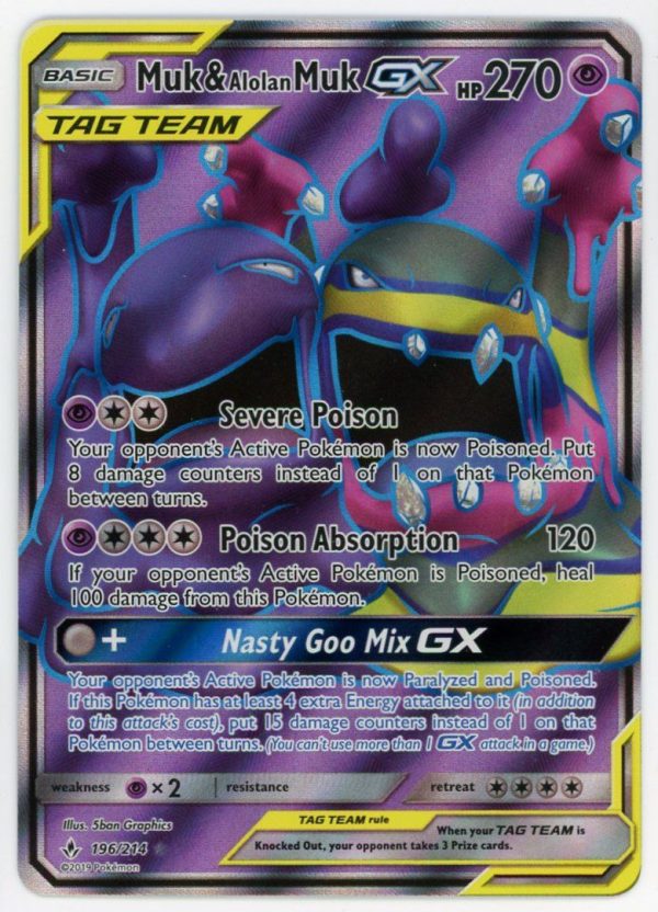 Pokemon Muk and Alolan Muk GX 196/214 Unbroken Bonds Full Art Ultra Rare NM