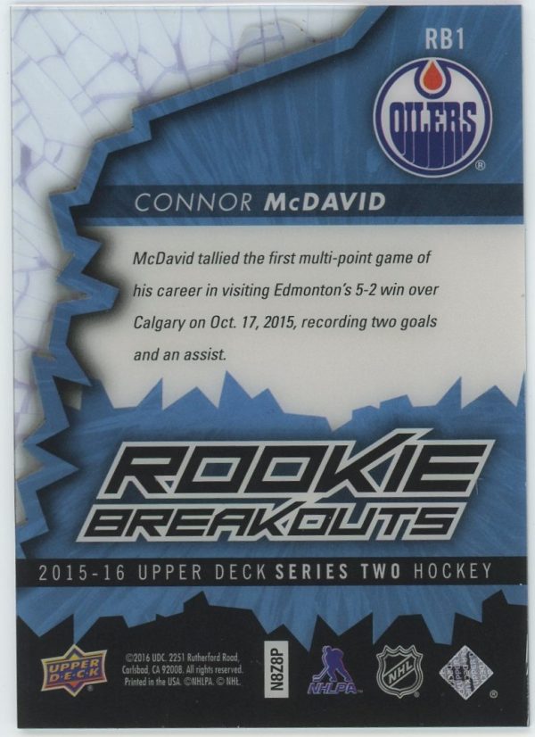 Connor McDavid Oilers UD 2015-16 Rookie Breakouts Card#RB1 029/100