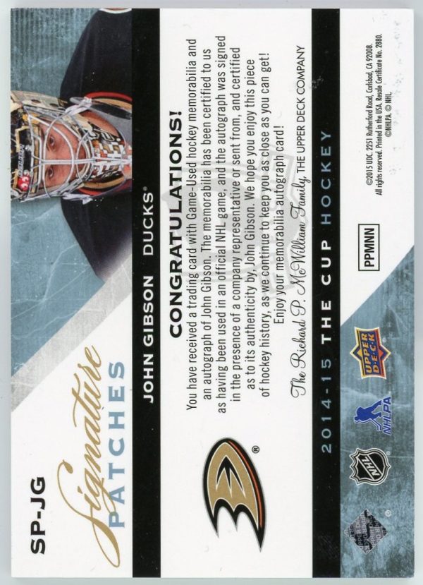 John Gibson 2014-15 UD The Cup Signature Patches /99 #SP-JG