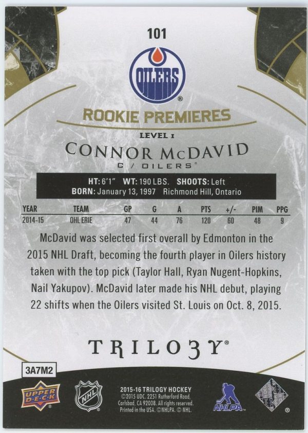 Connor McDavid Oilers UD 2015-16 Trilogy Rookie Premieres Card#101 791/999