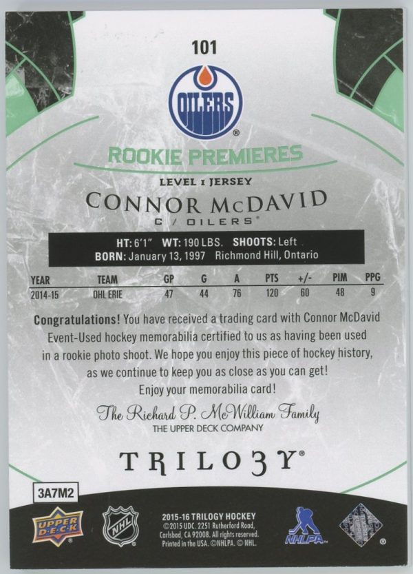 Connor McDavid Oilers UD 2015-16 Trilogy Jersey Rookie Premieres Card#101 250/599