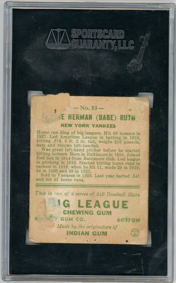 Babe Ruth Yankees Big League 1933 Card #53 SGC 1