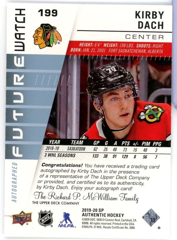 Kirby Dach Blackhawks UD 2019-20 Future Watch SP Authentic Autographed Card #199 571/999