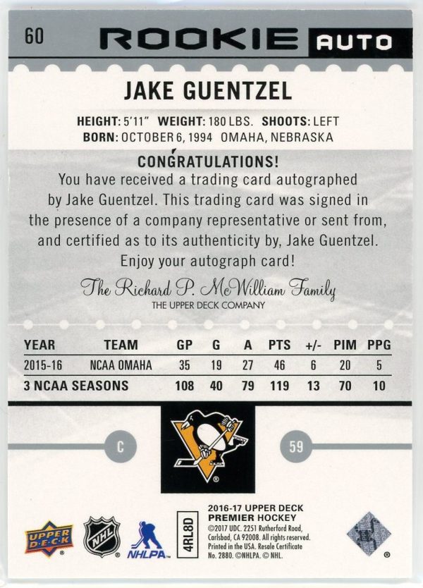 Jake Guentzel Penguins 2016-17 UD Premier Rookie Auto /399 Card #60
