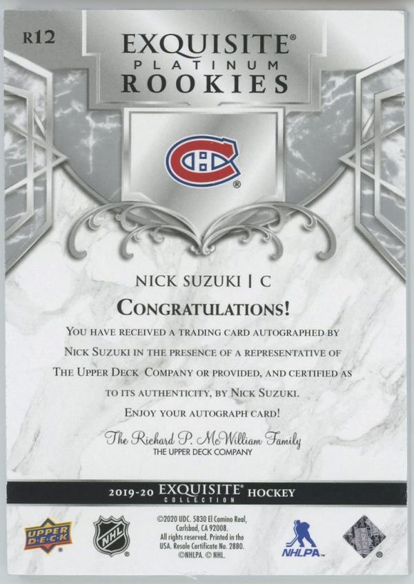 Nick Suzuki Canadiens UD 2019-20 Autographed Exquisite Platinum Rookies Card#R12 172/199