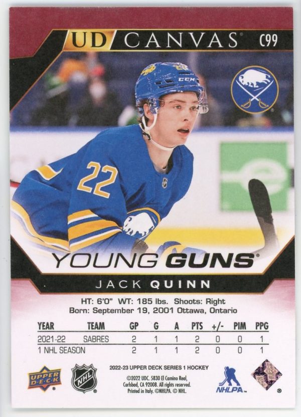 Jack Quinn 2022-23 Upper Deck Series 1 Young Guns Canvas C99