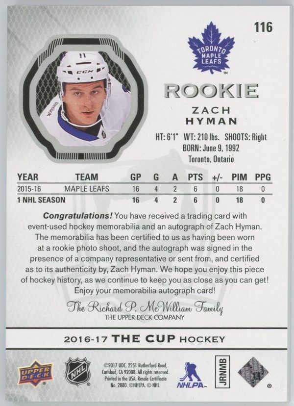 Zach Hyman Leafs UD 2016-17 Autographed Auto Patch Rookie Card#116 194/249