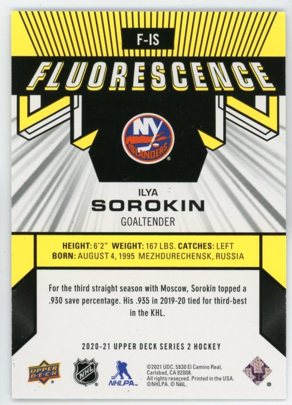 Ilya Sorokin 2020-21 Upper Deck Fluorescences Gold /150 F-IS