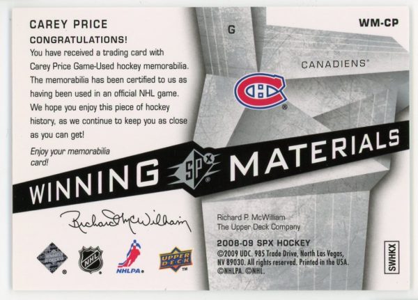 Carey Price Canadiens 2008-09 UD SPX Winning Materials Game-Used Patch Card #WM-CP
