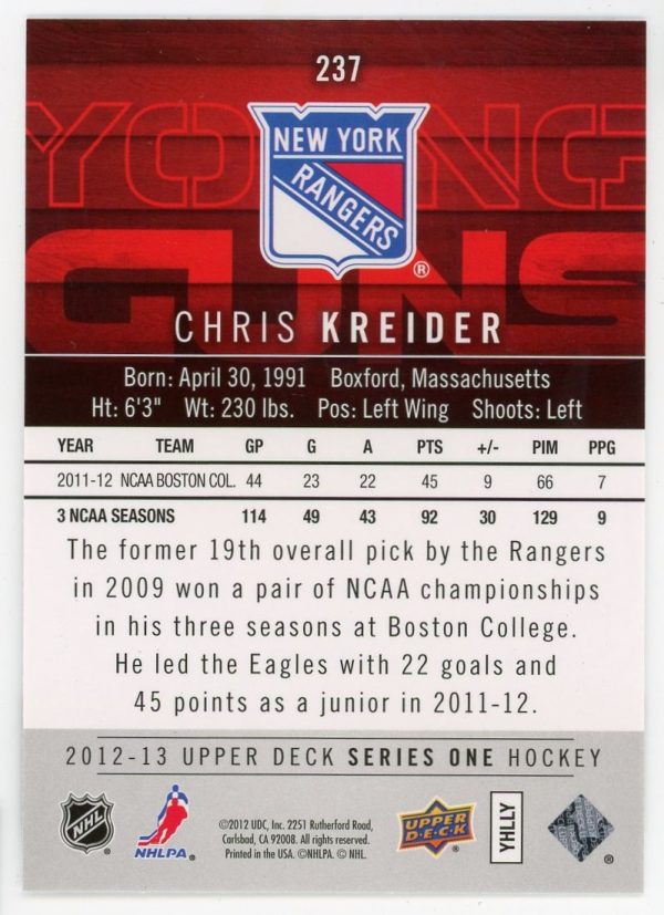 Chris Kreider Rangers 2012-13 Young Guns RC Rookie Card #237
