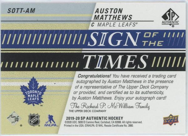 Auston Matthews Leafs UD 2019-20 Autographed Sign Of The Times Card#SOTT-AM