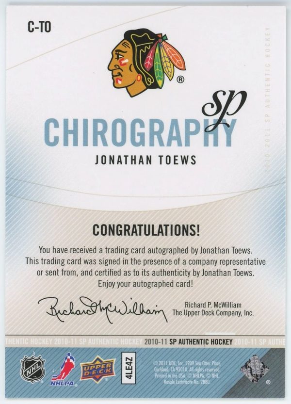 Jonathan Toews Blackhawks UD 2010-11 Autographed Chirography Authentic Card#C-TO 17/50