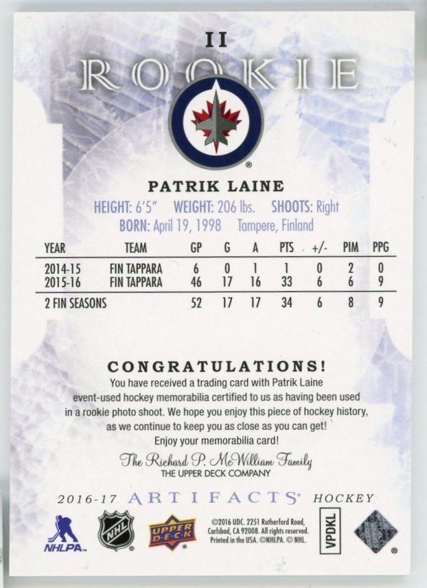 Patrik Laine Jets 2016-17 UD Artifacts Rookie Patch /49 RC Card #II