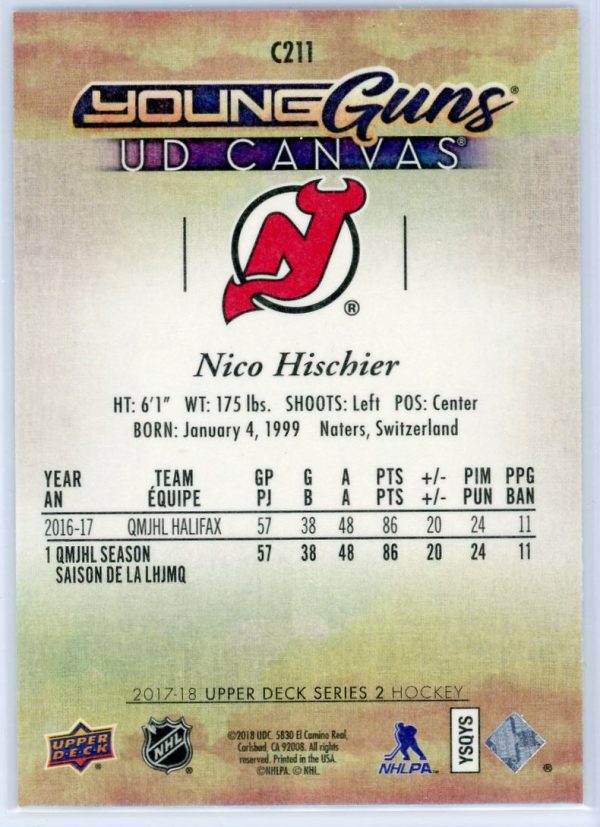 Nico Hischier Devils 2017-18 UD Canvas Young Guns Rookie Card #C211