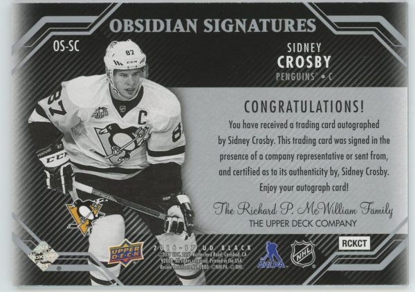 Sidney Crosby Penguins UD 2016-17 Autographed Obsidian Signatures Card#OS-SC