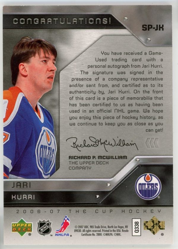 Jari Kurri Oilers 2006-07 UD The Cup Signature Patches Patch Auto 75/75 Card #SP-JK