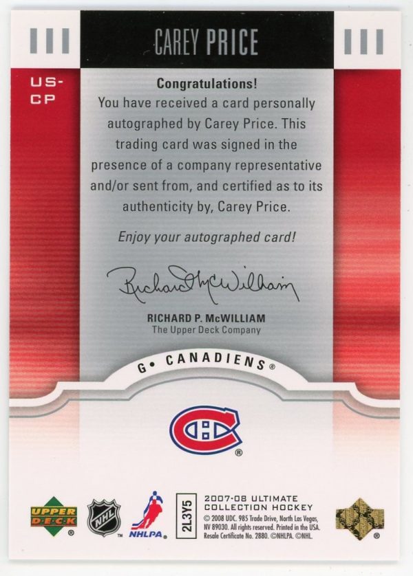2007-08 Carey Price Canadiens UD Ultimate Signatures Auto Rookie Card #US-CP