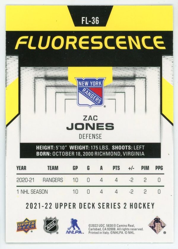 Zac Jones Rangers 2021-22 UD Fluorescence Yellow Parallel /150 RC Rookie Card #FL-36