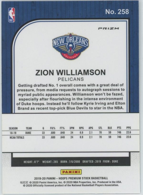 Zion Williamson Pelicans Panini 2019-20 Rookie Card #258