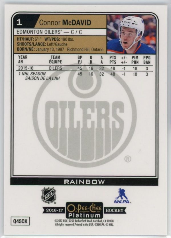 Connor McDavid Oilers OPC Platinum 2016-17 Card #1