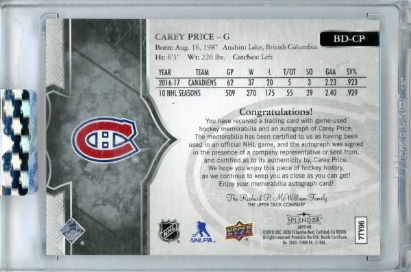2017-18 Carey Price Canadiens UD Splendor /22 Auto Patch Card #BD-CP