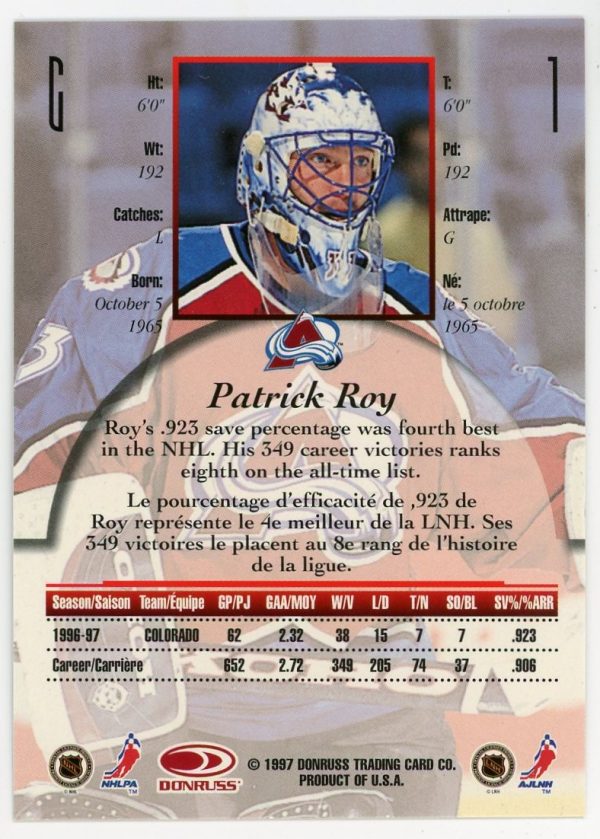 1997-98 Patrick Roy Avalanche Donruss Canadian Ice Gold Dominion Series /150 RARE Card