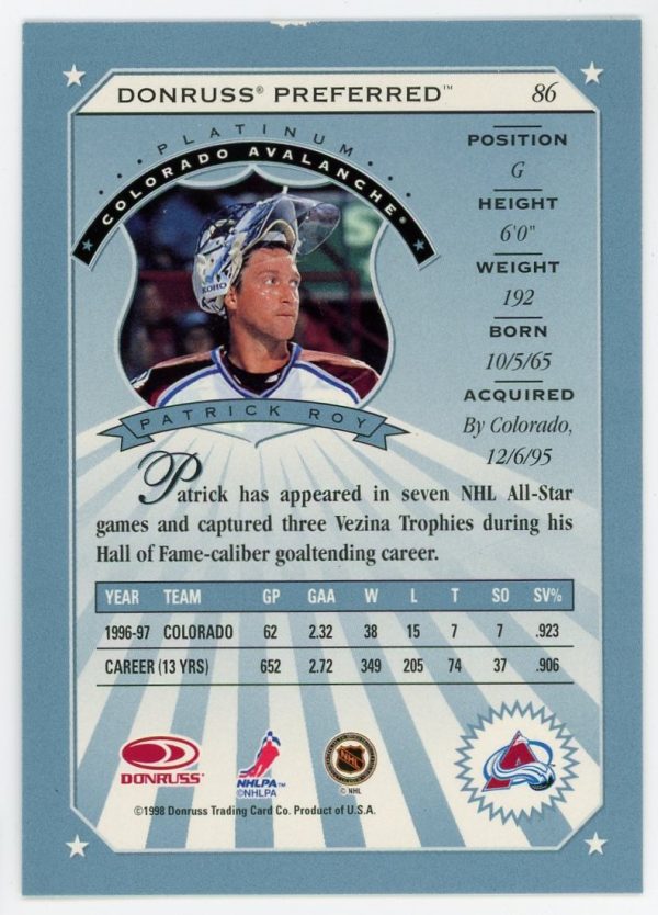 1997-98 Patrick Roy Avalanche Donruss Preferred Platinum Card #86