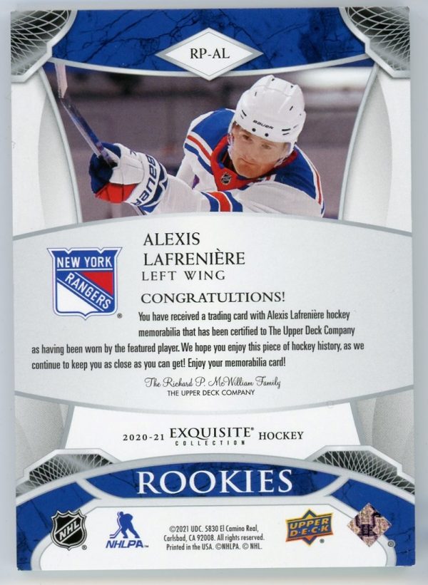 2020-21 Alexis Lafreniere Rangers UD Exquisite Collection Rookie Patch Card 31/99 #RP-AL