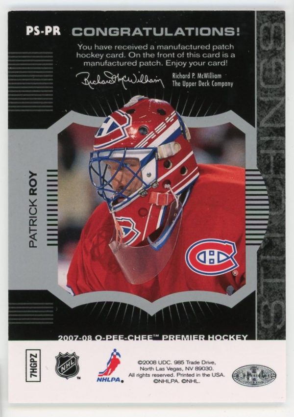 2007-08 Patrick Roy Canadiens OPC Premier Stitchings /199 Card #PS-PR