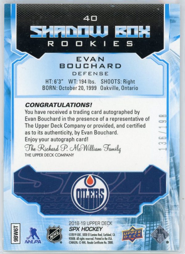 Evan Bouchard Oilers 2018-19 UD SPX Shadow Box Rookie Auto /198 Card #40