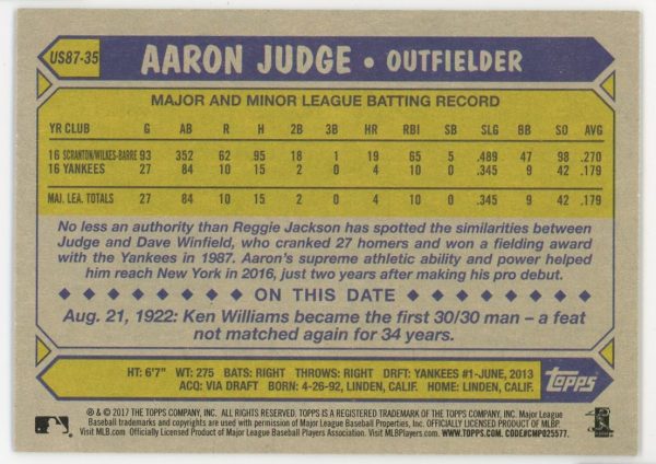 Aaron Judge Yankees 2017 Topps Update Series 30 Anniversary RC Rookie Card #US87-35