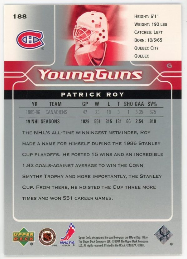 2004-05 Patrick Roy Canadiens UD Young Guns Retro SP Card #188