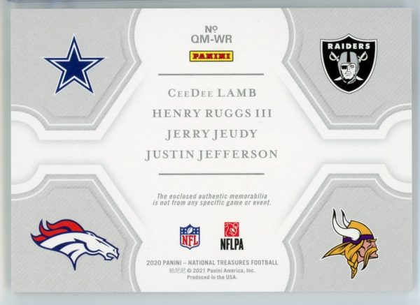 2020 Cee Dee Lamb, Jerry Jeudy, Justin Jefferson, Henry Ruggs Panini National Treasures 39/99 Patch Card #QM-WR