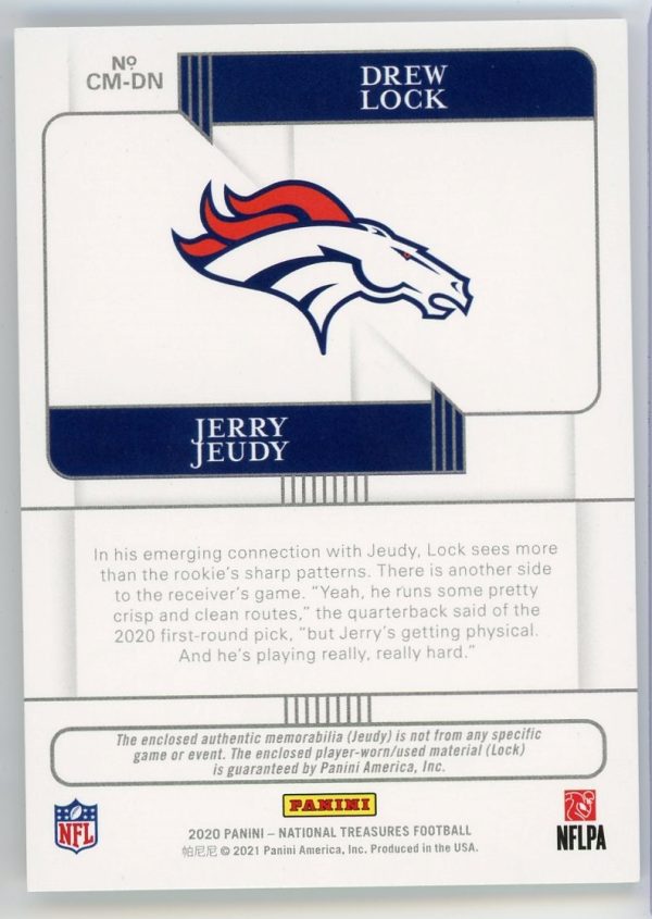 2020 Drew Lock, Jerry Jeudy Broncos Panini National Treasures NFL Gear Combo 94/99 Card #CM-DN