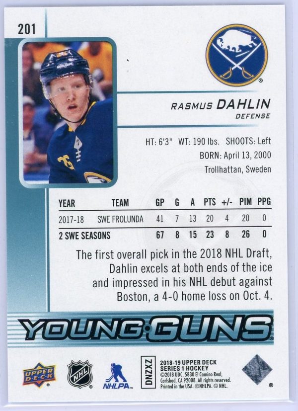 Rasmus Dahlin Sabres 2018-19 UD Young Guns Rookie Card #201