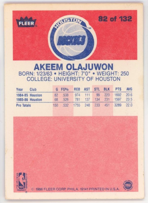 Akeem Olajuwon 1986-87 Fleer Rookie Card #82