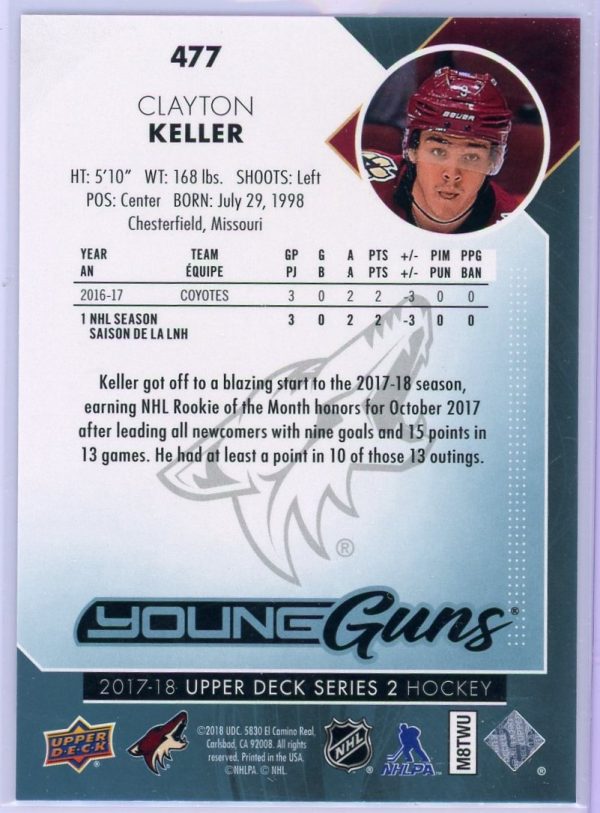2017-18 Clayton Keller Coyotes UD Young Guns Rookie Card #477