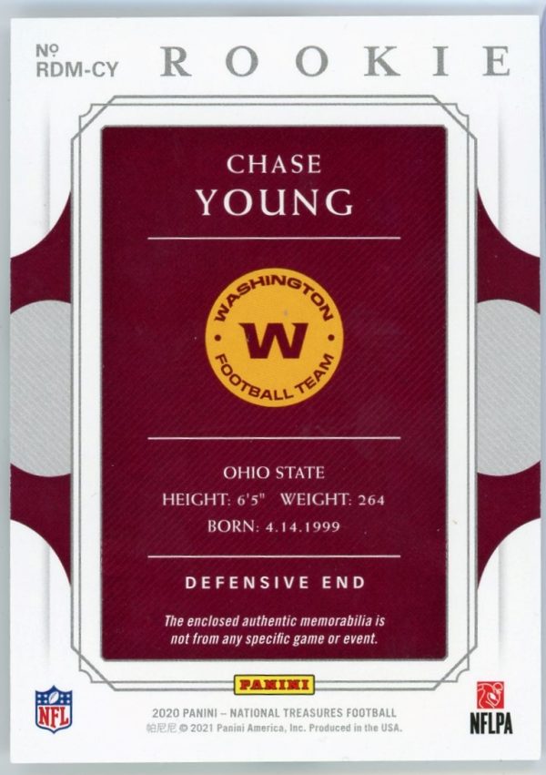2020 Chase Young Washington Football Team Panini National Treasures 29/99 Patch Rookie Card #RDM-CY