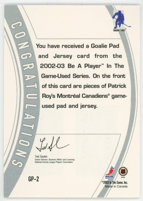 2002-03 Patrick Roy Canadiens ITG Be A Player Dual Patch And Jersey Card #GP-2