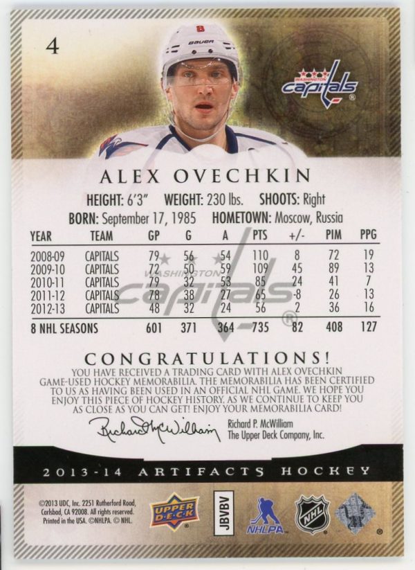 Alex Ovechkin Capitals 2013-14 UD Artifacts Dual Jersey Patch 11/125 Card #4
