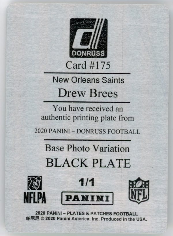 2020 Drew Brees Saints Panini Plates And Patches Black Plate 1/1 Card #175