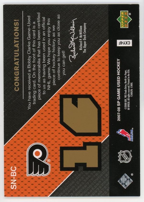 Bobby Clarke 2007-08 UD SP Game Used Significant Num83r5 /16