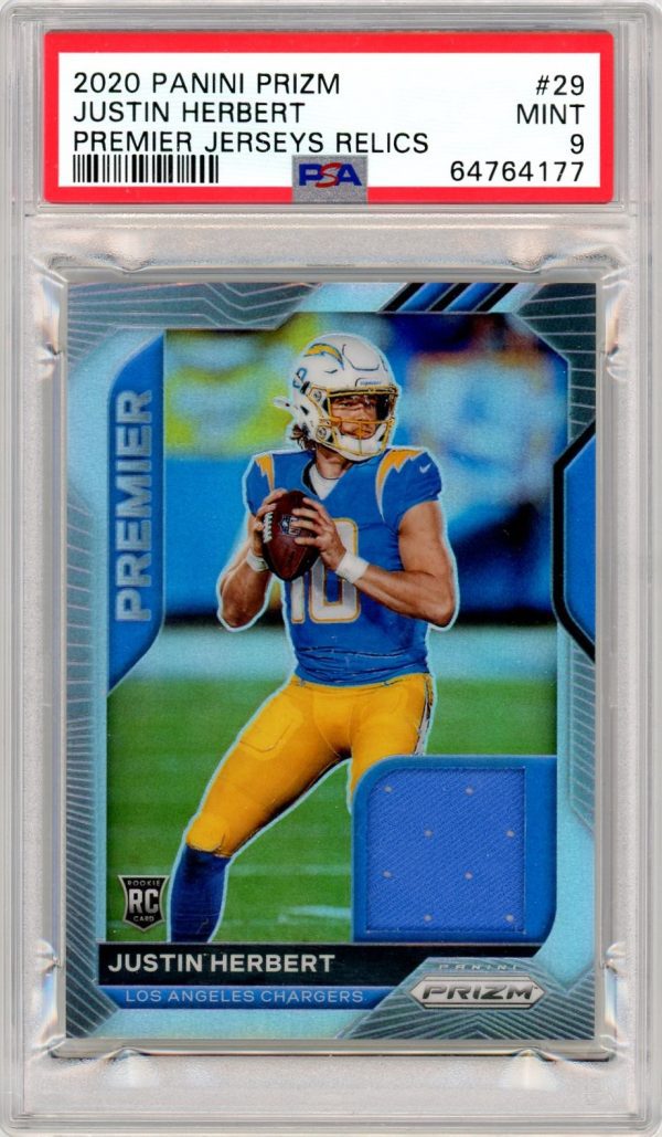 Justin Herbert Chargers 2020 Prizm Premier Jersey Relics Silver RC Rookie Card #29 PSA 9