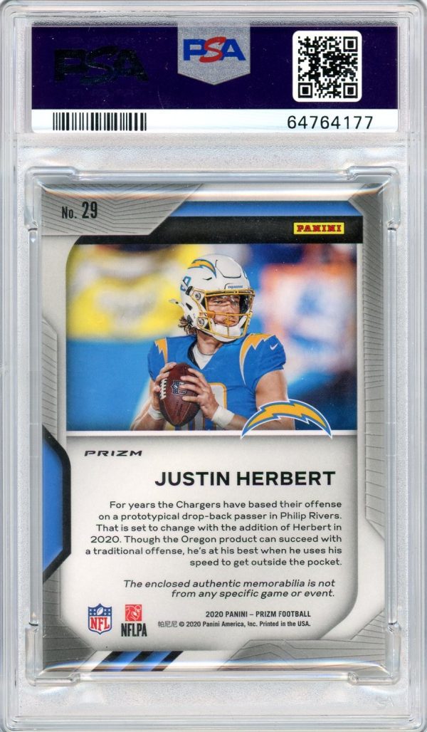 Justin Herbert Chargers 2020 Prizm Premier Jersey Relics Silver RC Rookie Card #29 PSA 9