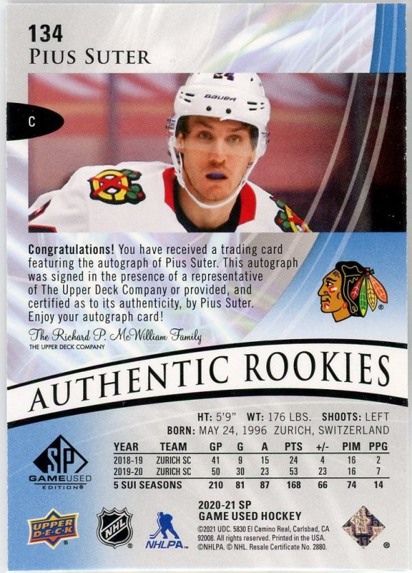 Pius Suter Blackhawks UD 2020-21 Authentic Rookies Autographed Card #134
