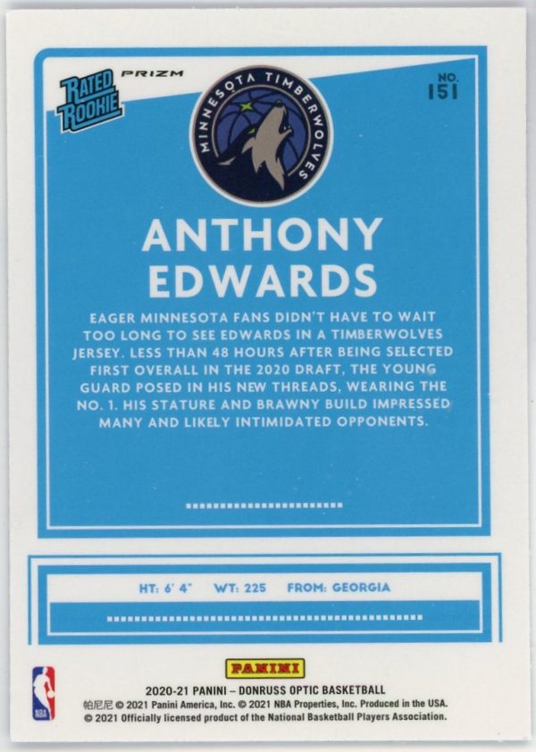 Anthony Edwards 2020-21 Panini Donruss Optic Purple Rated Rookie #151